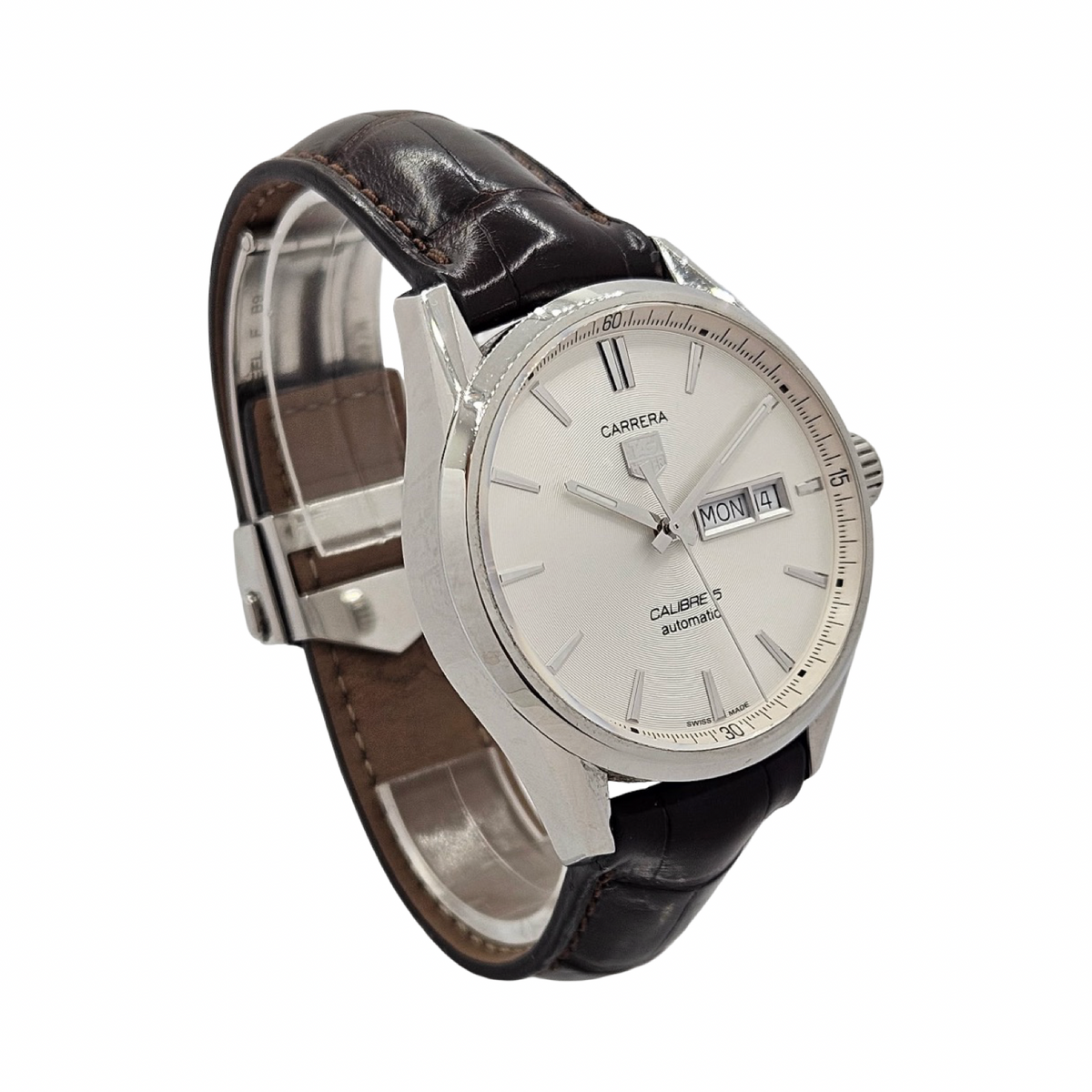 TAG Heuer Carrera 41mm Automatic Caliber 5 Day Date Stainless Steel Silver Dial Brown Alligator WAR201B.FC6291