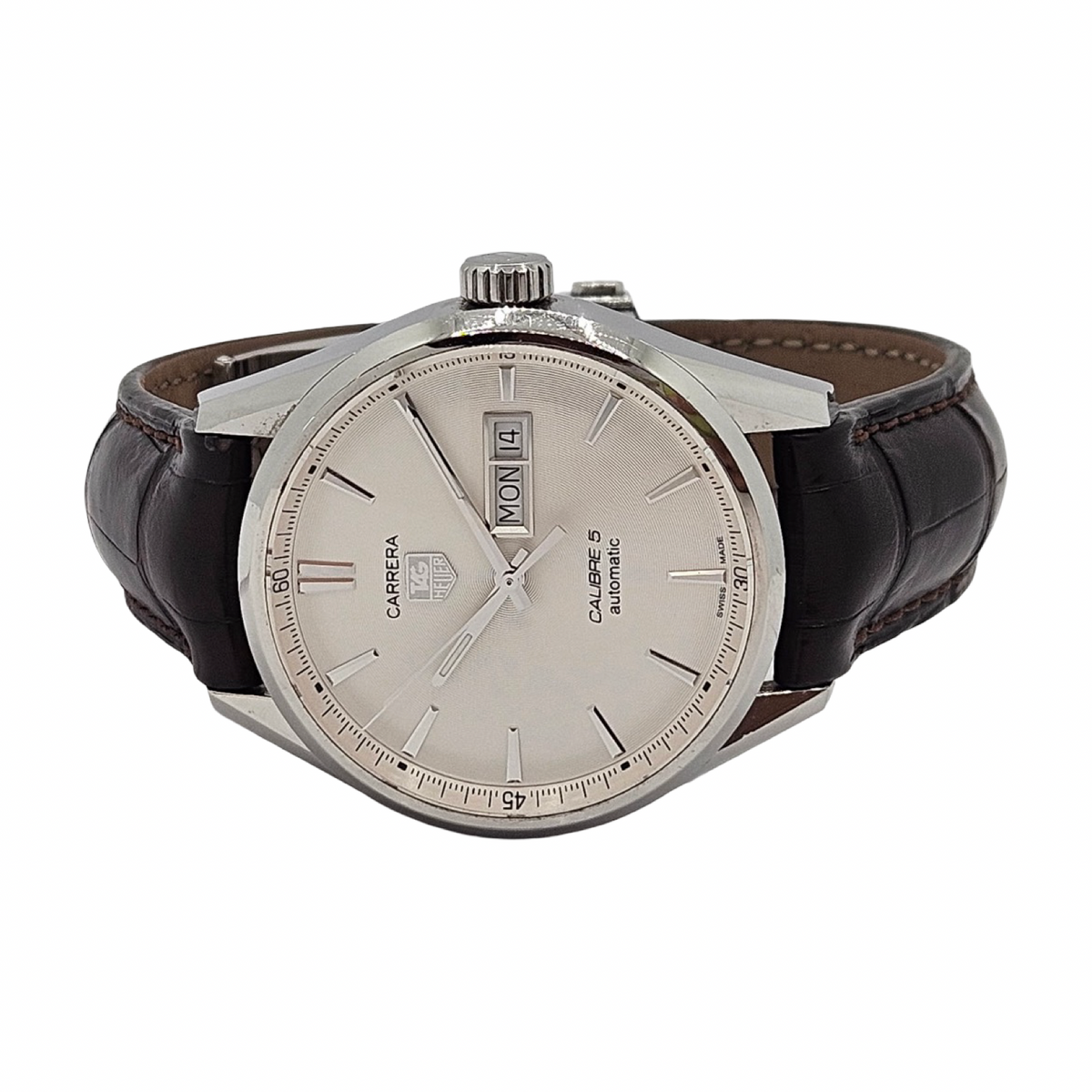 TAG Heuer Carrera 41mm Automatic Caliber 5 Day Date Stainless Steel Silver Dial Brown Alligator WAR201B.FC6291