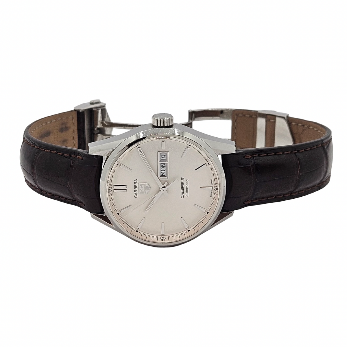 TAG Heuer Carrera 41mm Automatic Caliber 5 Day Date Stainless Steel Silver Dial Brown Alligator WAR201B.FC6291