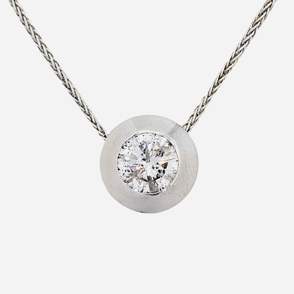14K White Gold Solitaire Round Diamond 1.10 Carats G Color Bezel Set Pendant