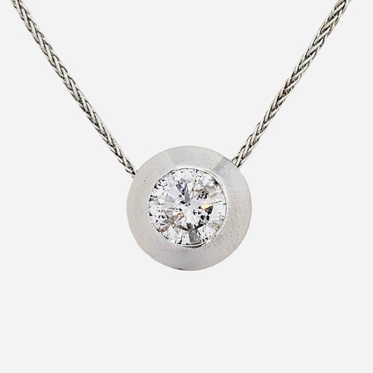 14K White Gold Solitaire Round Diamond 1.10 Carats G Color Bezel Set Pendant
