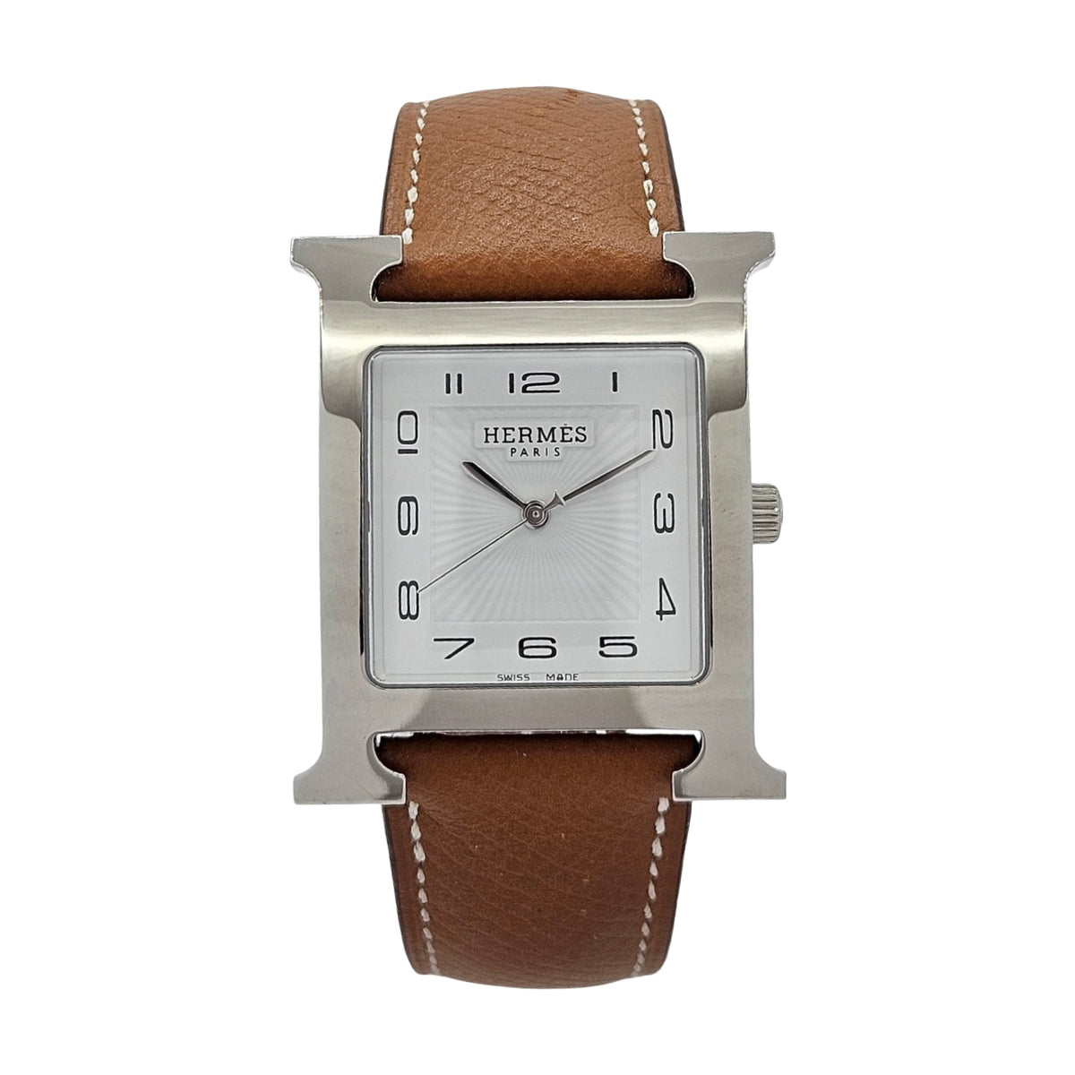 Hermes Heure H TGM Quartz Silver Opaline Arabic Dial Stainless Steel Epsom Leather Strap HH1.810