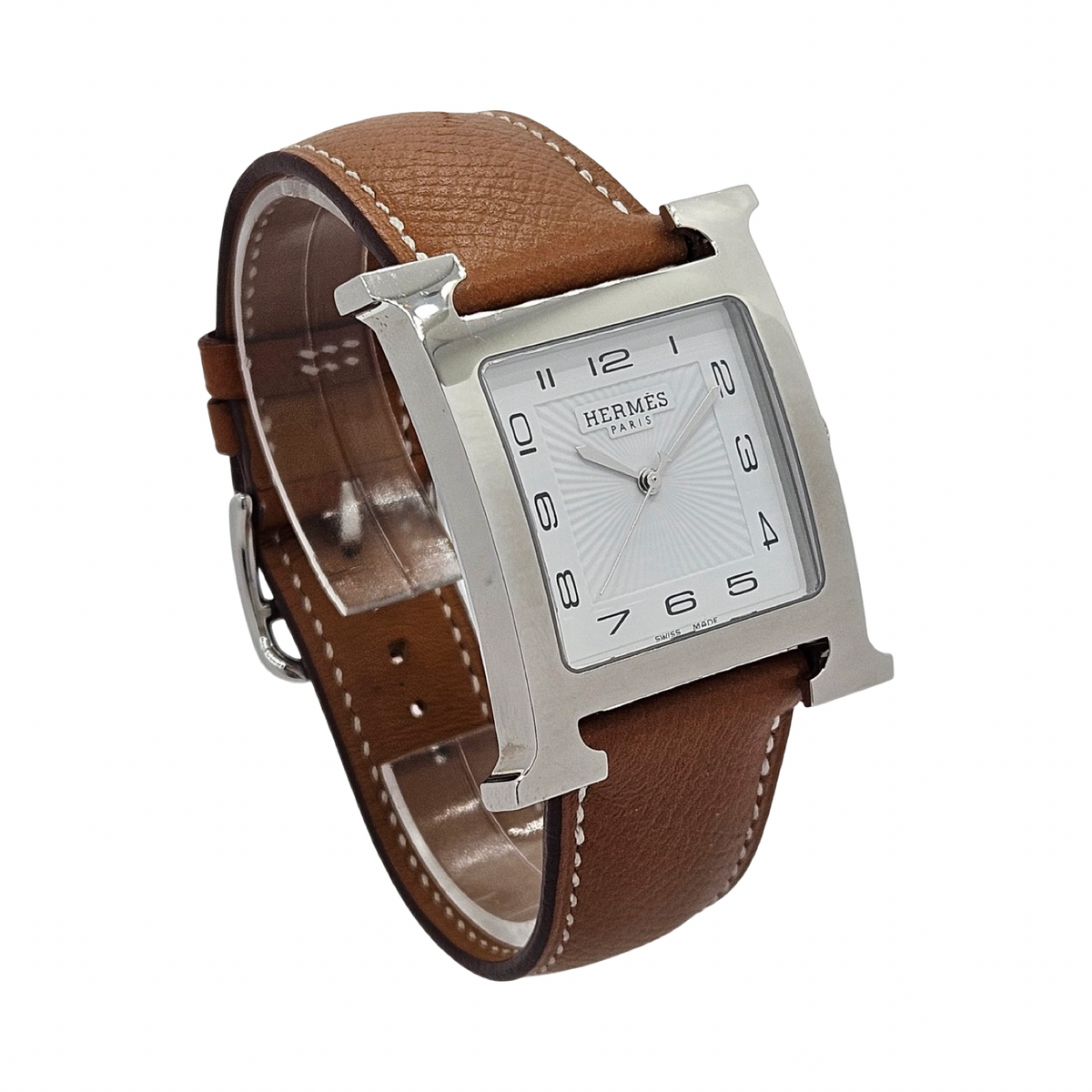 Hermes Heure H TGM Quartz Silver Opaline Arabic Dial Stainless Steel Epsom Leather Strap HH1.810