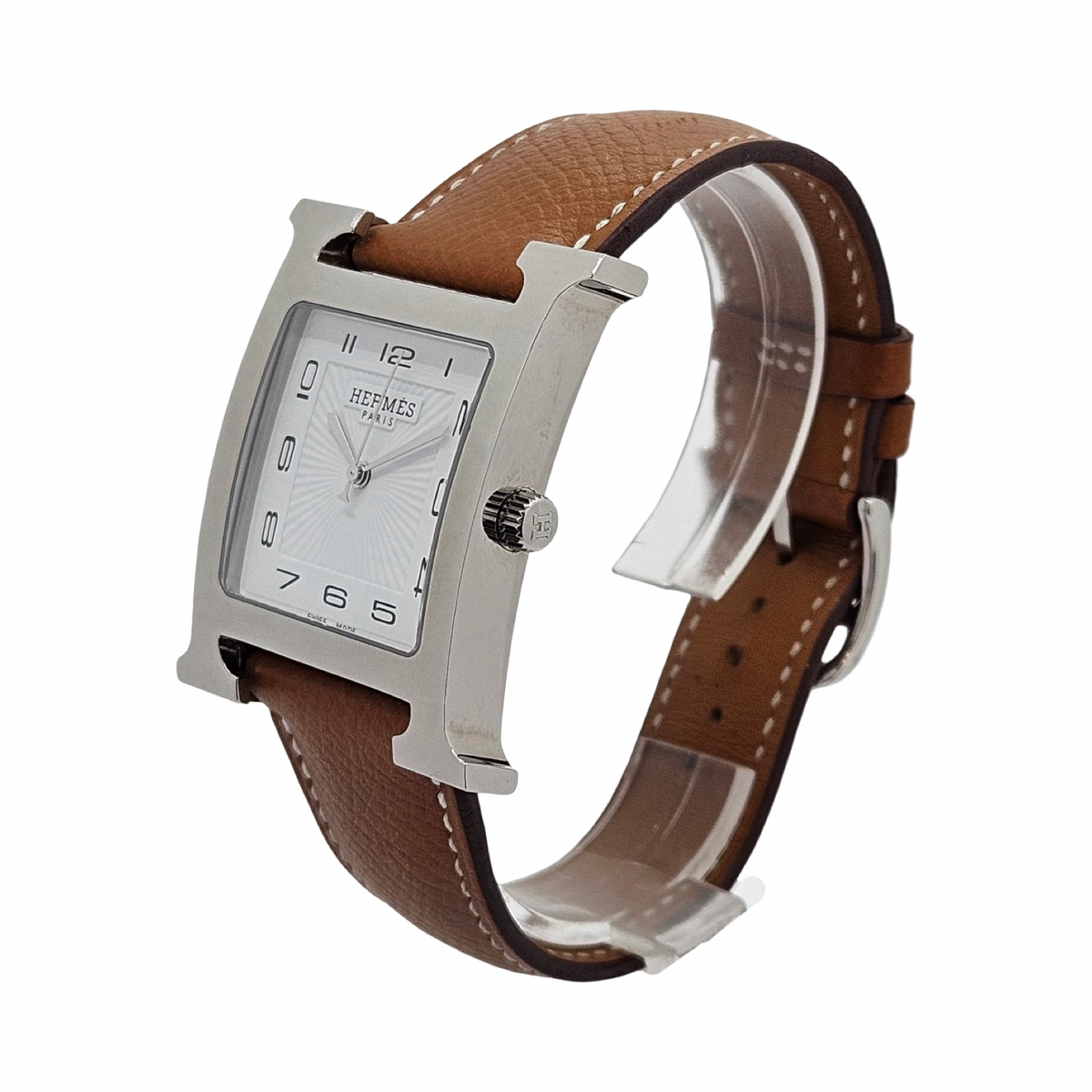Hermes Heure H TGM Quartz Silver Opaline Arabic Dial Stainless Steel Epsom Leather Strap HH1.810