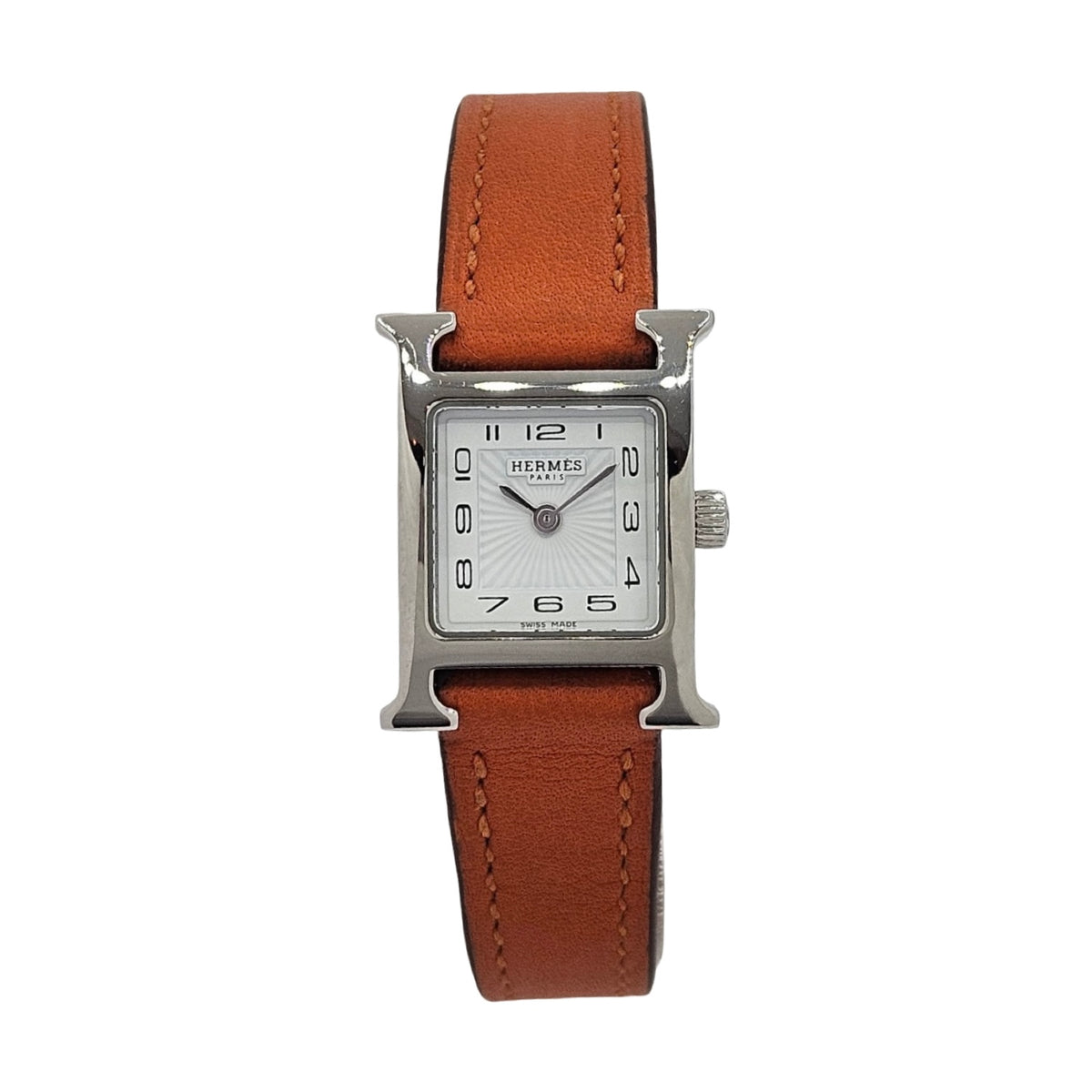 Hermes Heure H Mini TPM Quartz Silver Opaline Arabic Dial Orange Calfskin Leather Strap HH1.110
