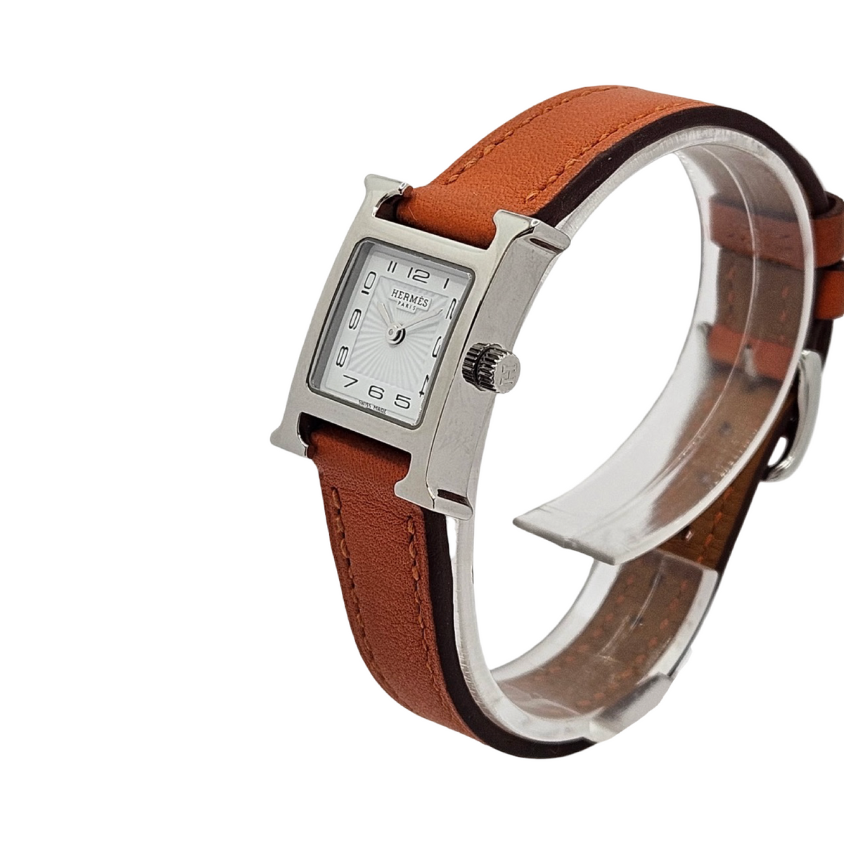 Hermes Heure H Mini TPM Quartz Silver Opaline Arabic Dial Orange Calfskin Leather Strap HH1.110