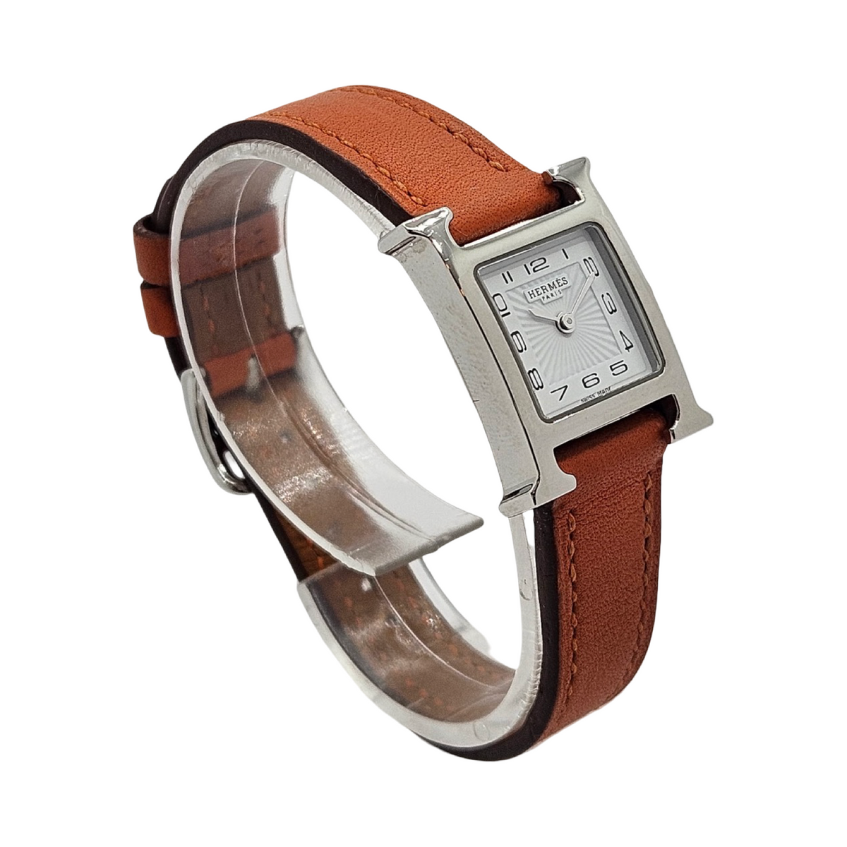 Hermes Heure H Mini TPM Quartz Silver Opaline Arabic Dial Orange Calfskin Leather Strap HH1.110