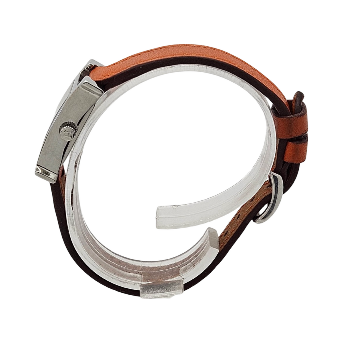 Hermes Heure H Mini TPM Quartz Silver Opaline Arabic Dial Orange Calfskin Leather Strap HH1.110