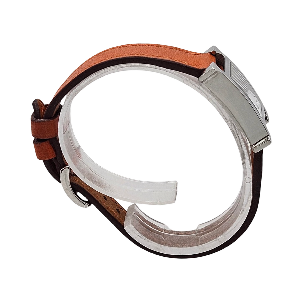 Hermes Heure H Mini TPM Quartz Silver Opaline Arabic Dial Orange Calfskin Leather Strap HH1.110
