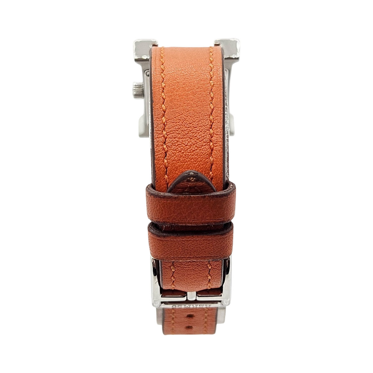 Hermes Heure H Mini TPM Quartz Silver Opaline Arabic Dial Orange Calfskin Leather Strap HH1.110