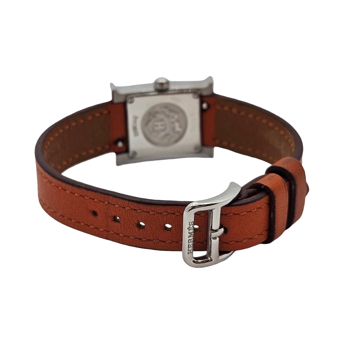 Hermes Heure H Mini TPM Quartz Silver Opaline Arabic Dial Orange Calfskin Leather Strap HH1.110