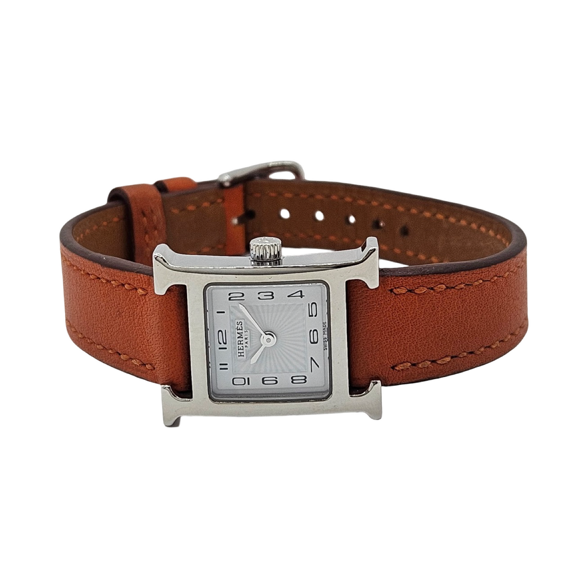 Hermes Heure H Mini TPM Quartz Silver Opaline Arabic Dial Orange Calfskin Leather Strap HH1.110