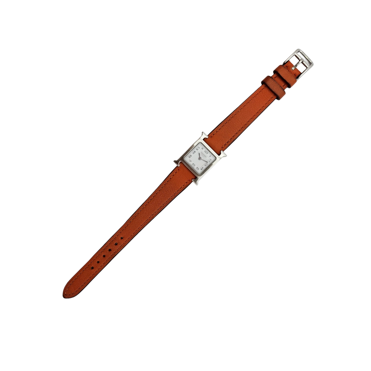 Hermes Heure H Mini TPM Quartz Silver Opaline Arabic Dial Orange Calfskin Leather Strap HH1.110