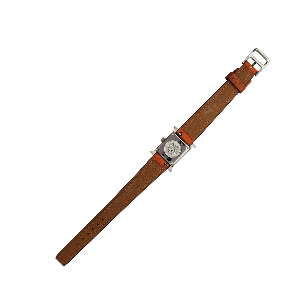 Hermes Heure H Mini TPM Quartz Silver Opaline Arabic Dial Orange Calfskin Leather Strap HH1.110