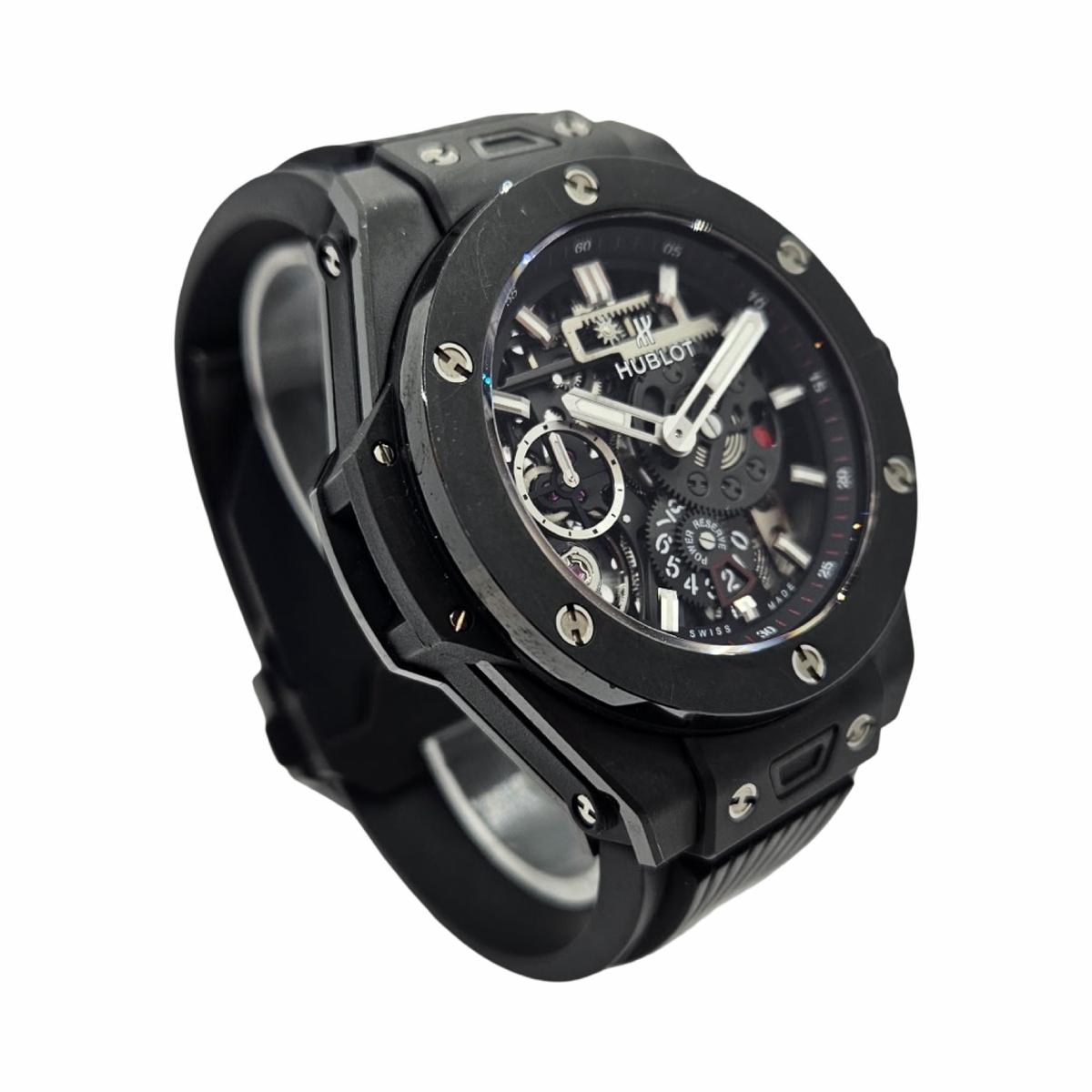 Hublot Big Bang MECA-10 Black Magic Manual Winding Skeleton Black Ceramic and Black-plated Titanium Black Rubber Strap 414.CI.1123.RX