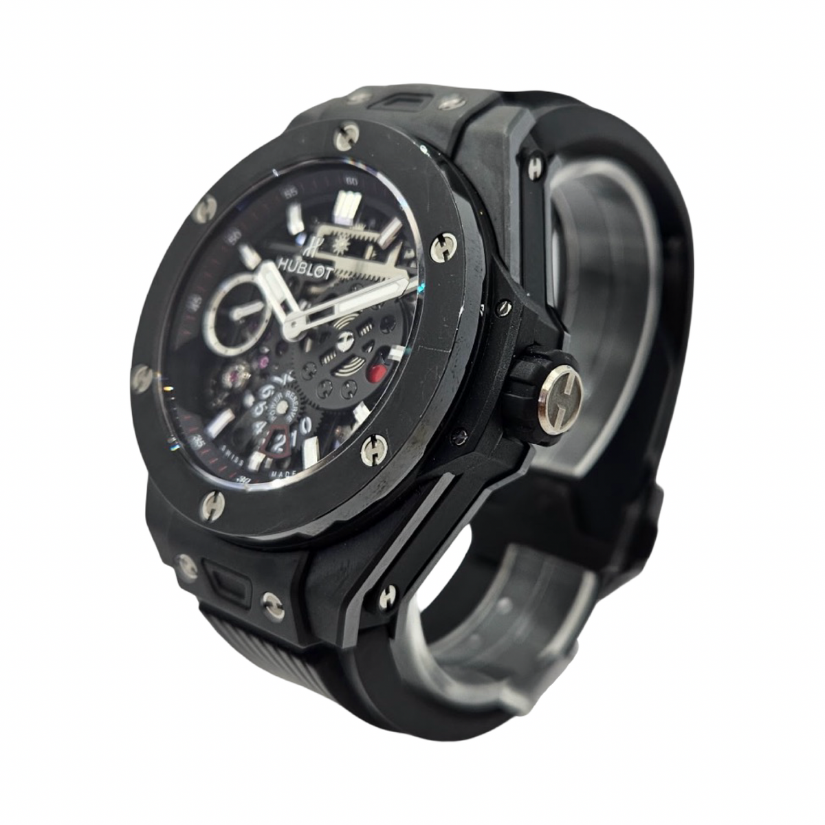 Hublot Big Bang MECA-10 Black Magic Manual Winding Skeleton Black Ceramic and Black-plated Titanium Black Rubber Strap 414.CI.1123.RX