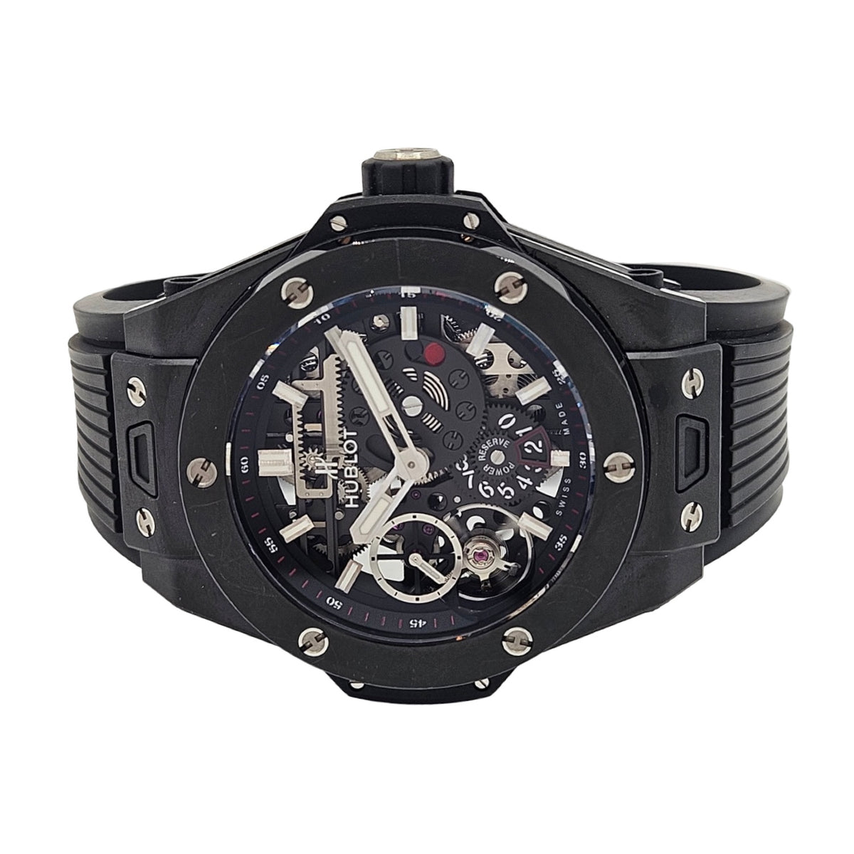 Hublot Big Bang MECA-10 Black Magic Manual Winding Skeleton Black Ceramic and Black-plated Titanium Black Rubber Strap 414.CI.1123.RX