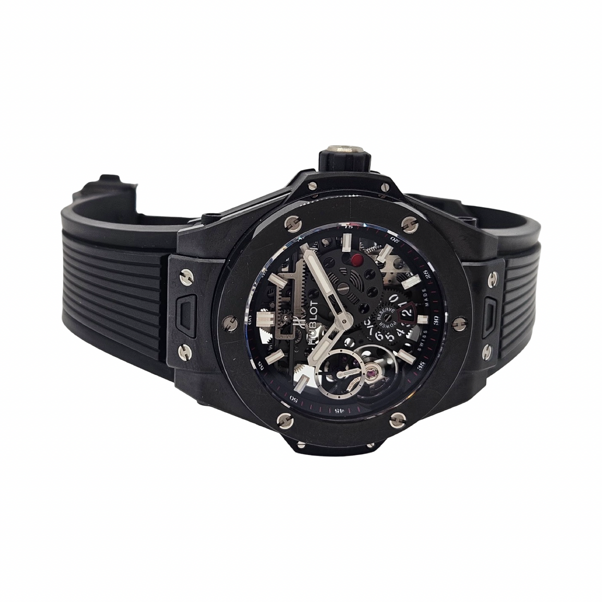 Hublot Big Bang MECA-10 Black Magic Manual Winding Skeleton Black Ceramic and Black-plated Titanium Black Rubber Strap 414.CI.1123.RX
