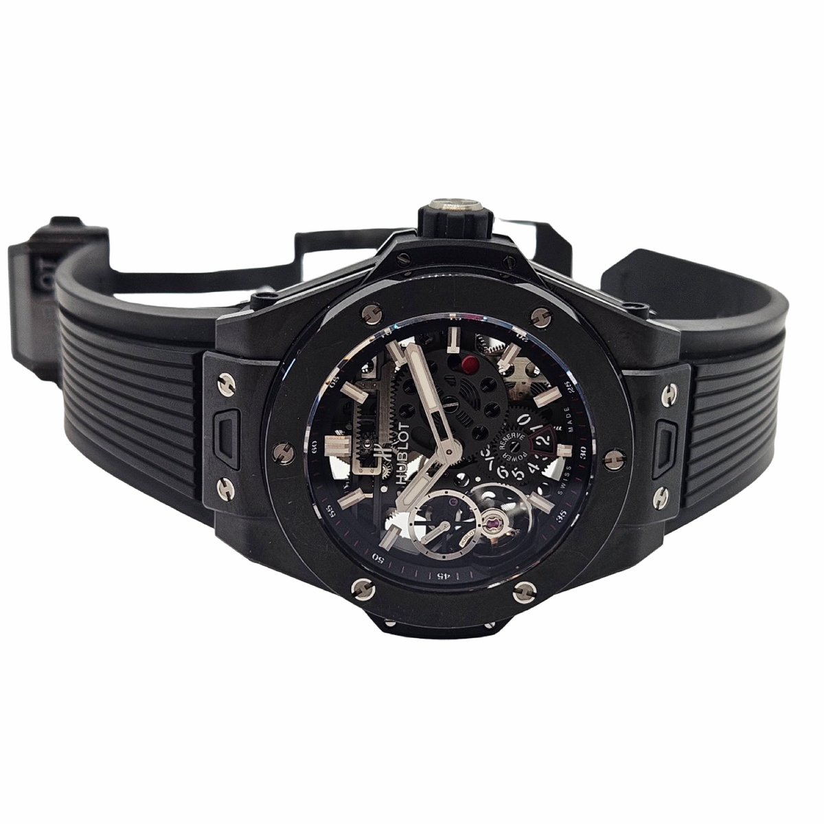 Hublot Big Bang MECA-10 Black Magic Manual Winding Skeleton Black Ceramic and Black-plated Titanium Black Rubber Strap 414.CI.1123.RX
