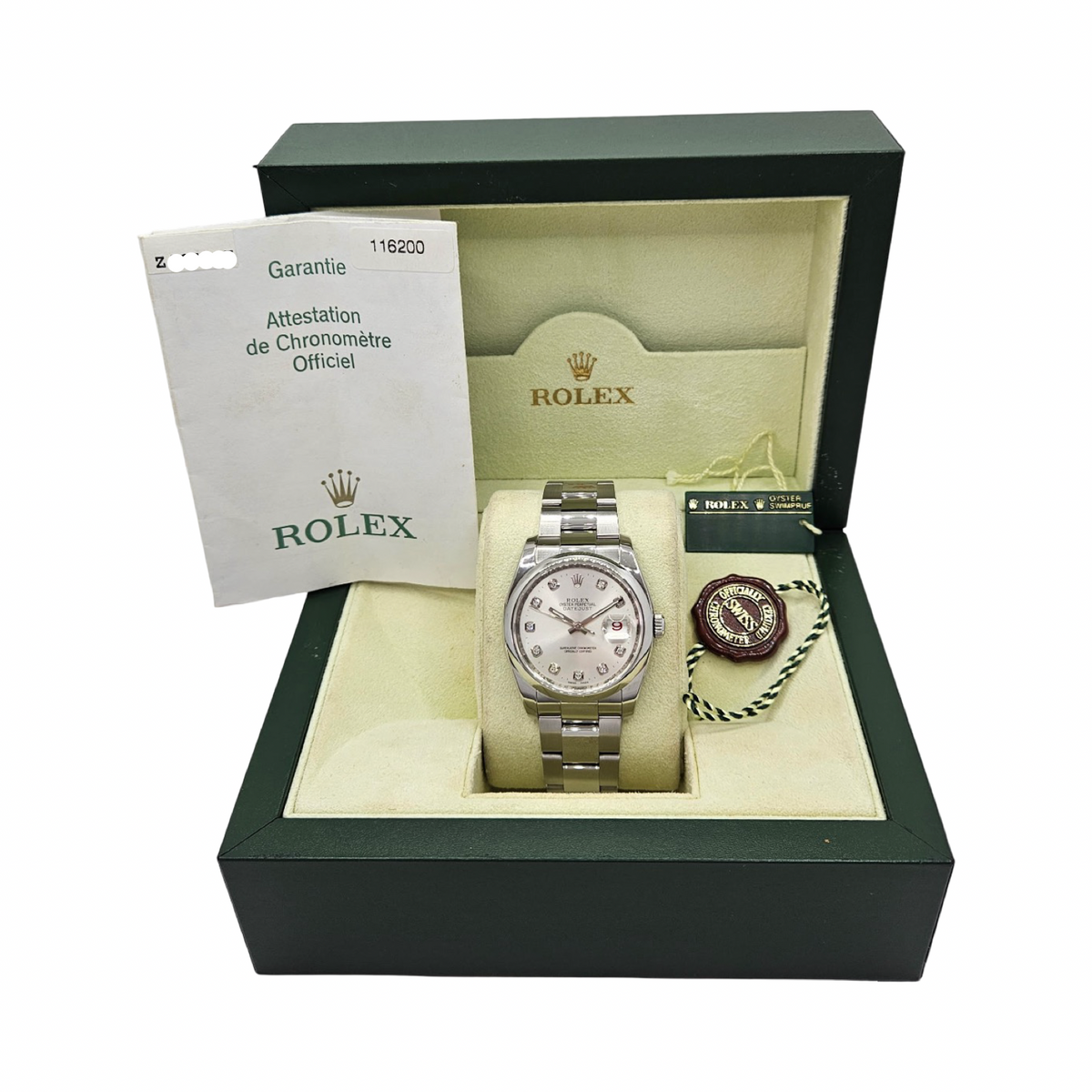 Rolex Datejust 36 Factory Diamond Dial Roulette Date Oystersteel Bracelet Ref. 116200 C.2006
