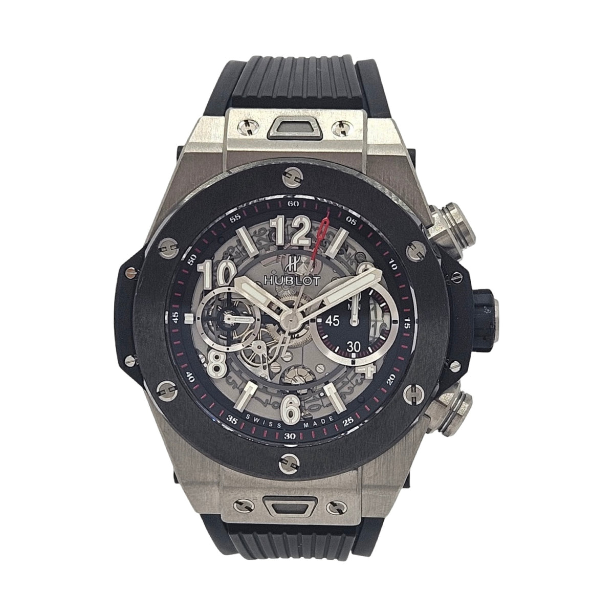 Hublot Big Bang Unico Titanium Ceramic 45mm Automatic Flyback Chronograph Silver Skeleton Dial Rubber Strap 411.NM.1170.RX