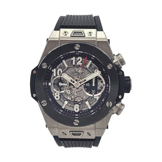 Hublot Big Bang Unico Titanium Ceramic 45mm Automatic Flyback Chronograph Silver Skeleton Dial Rubber Strap 411.NM.1170.RX