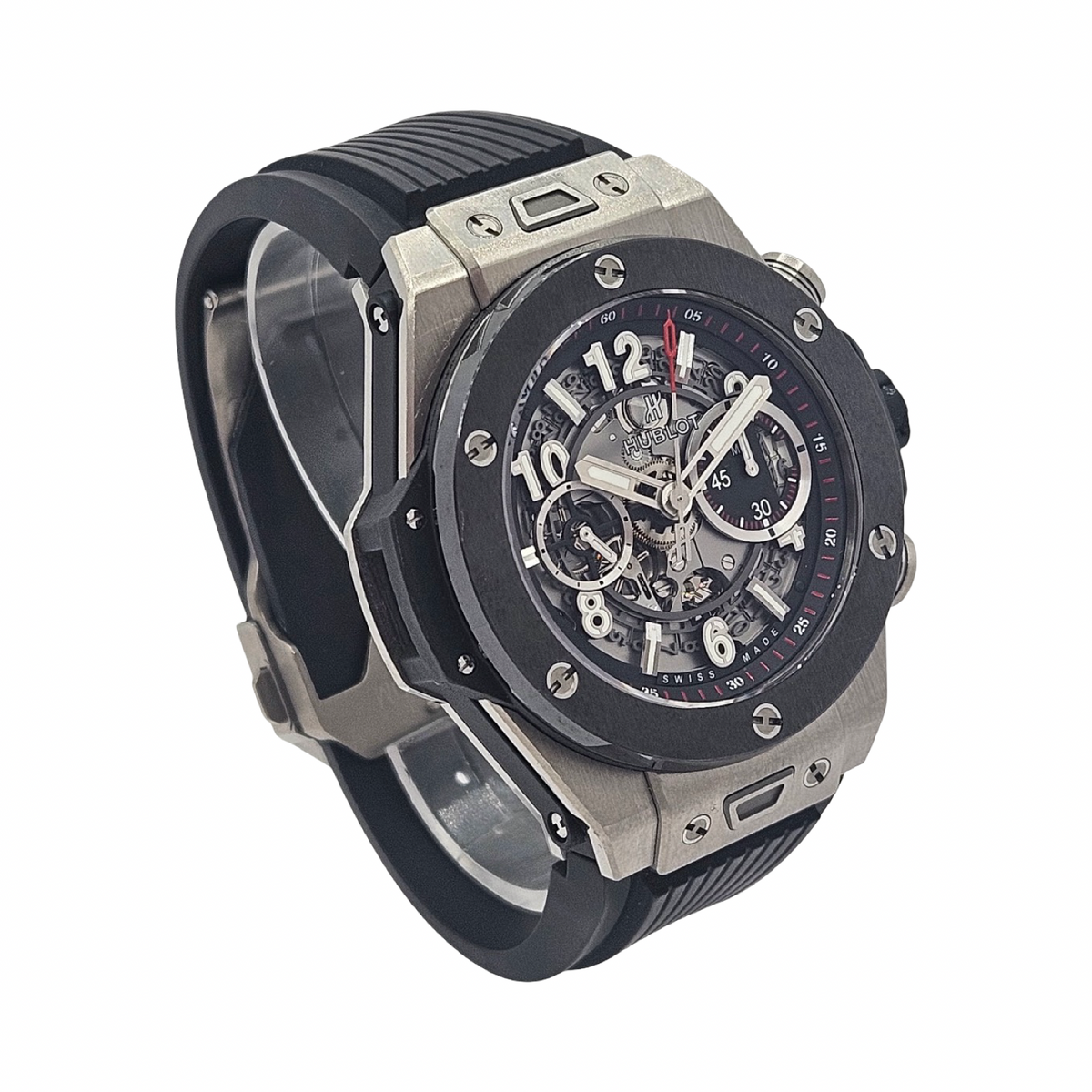 Hublot Big Bang Unico Titanium Ceramic 45mm Automatic Flyback Chronograph Silver Skeleton Dial Rubber Strap 411.NM.1170.RX