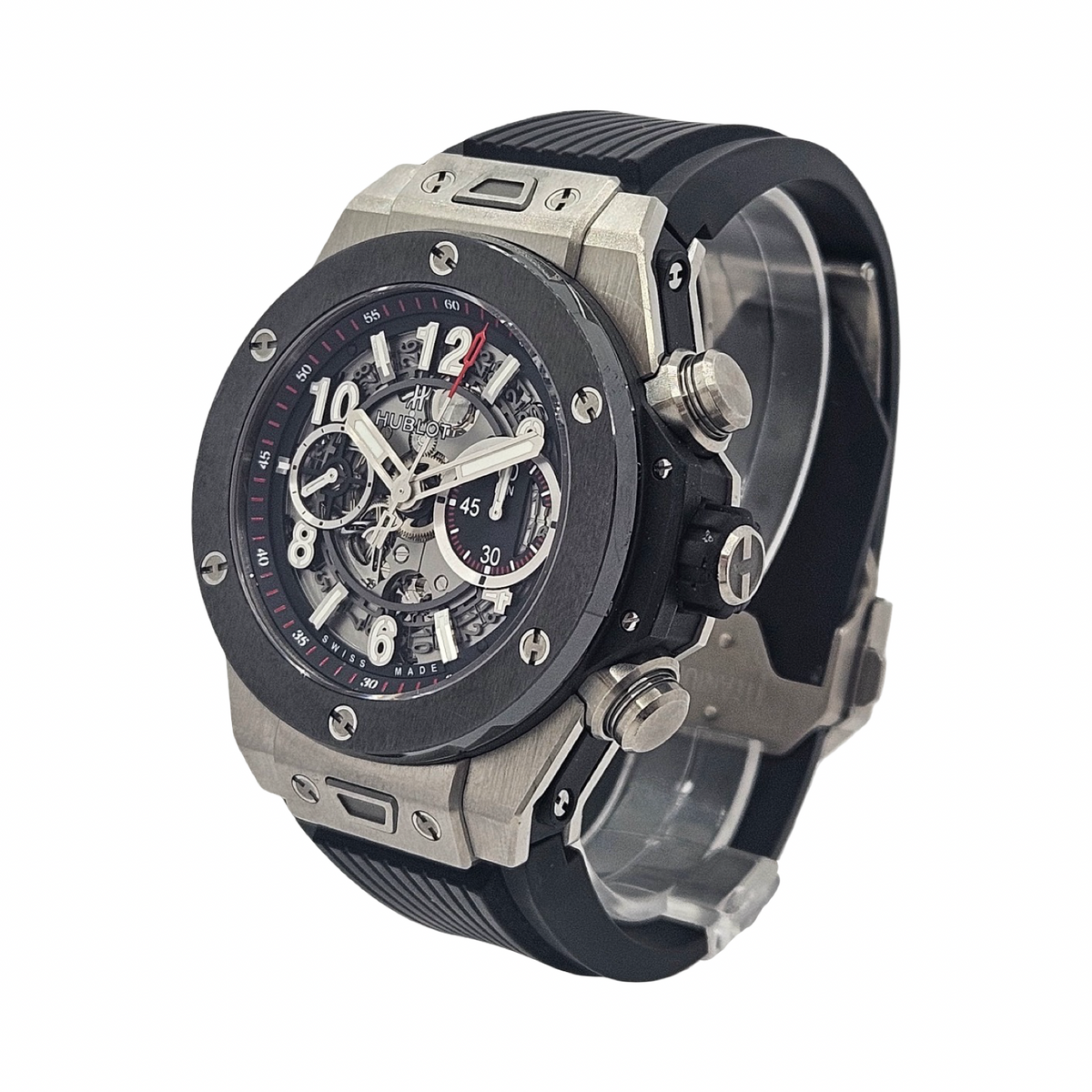 Hublot Big Bang Unico Titanium Ceramic 45mm Automatic Flyback Chronograph Silver Skeleton Dial Rubber Strap 411.NM.1170.RX