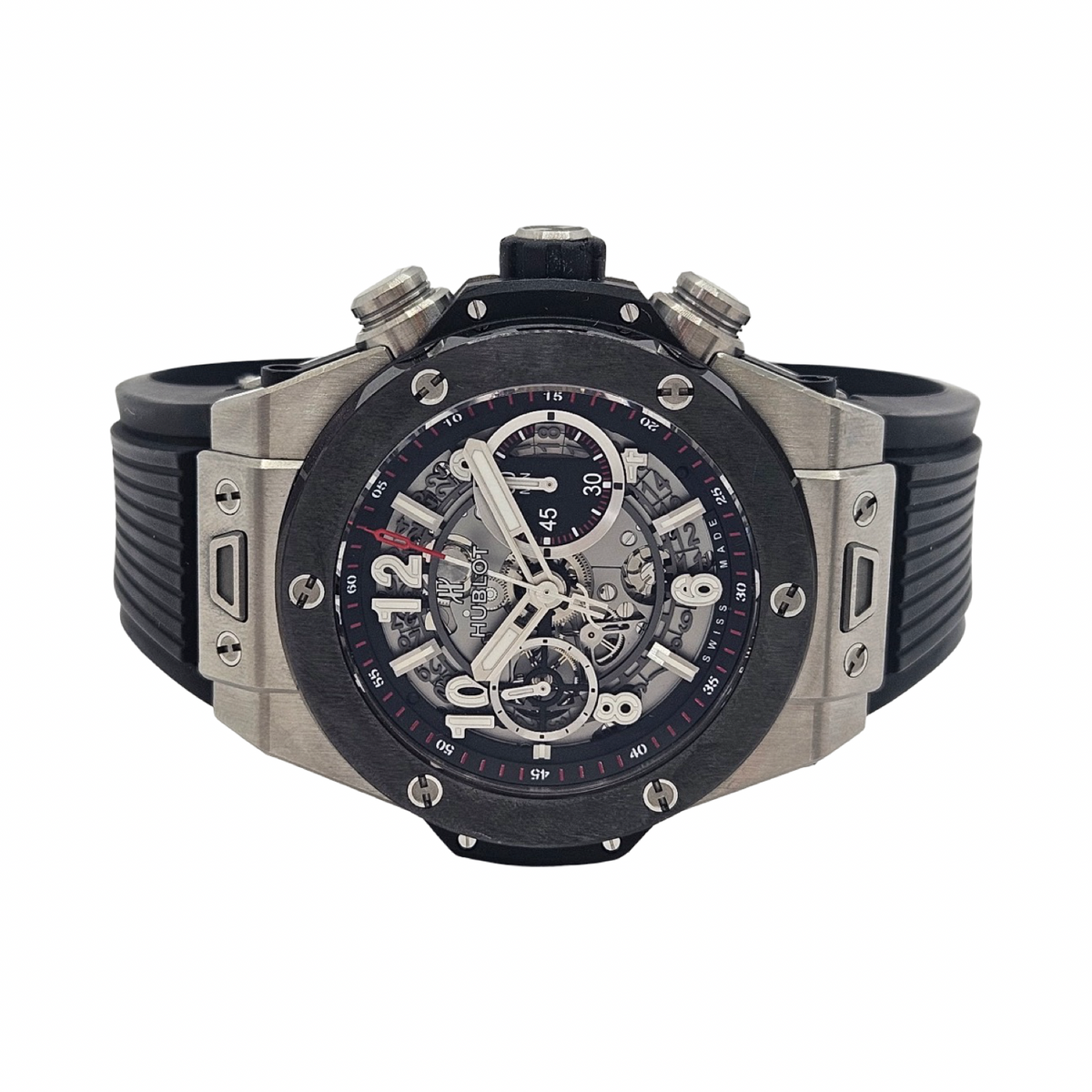 Hublot Big Bang Unico Titanium Ceramic 45mm Automatic Flyback Chronograph Silver Skeleton Dial Rubber Strap 411.NM.1170.RX