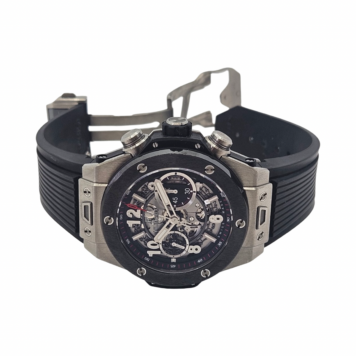 Hublot Big Bang Unico Titanium Ceramic 45mm Automatic Flyback Chronograph Silver Skeleton Dial Rubber Strap 411.NM.1170.RX