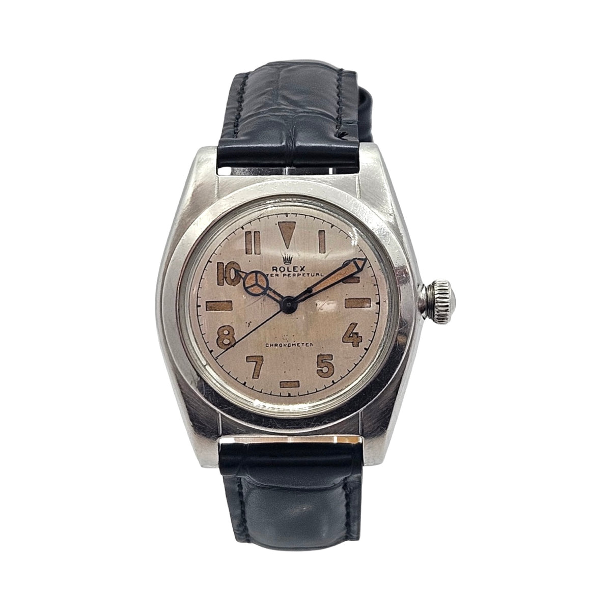 Rolex Oyster Perpetual Chronometer Bubbleback 32mm Silver Tropical Arabic Dial Black Leather Strap Ref.2940 C.1946