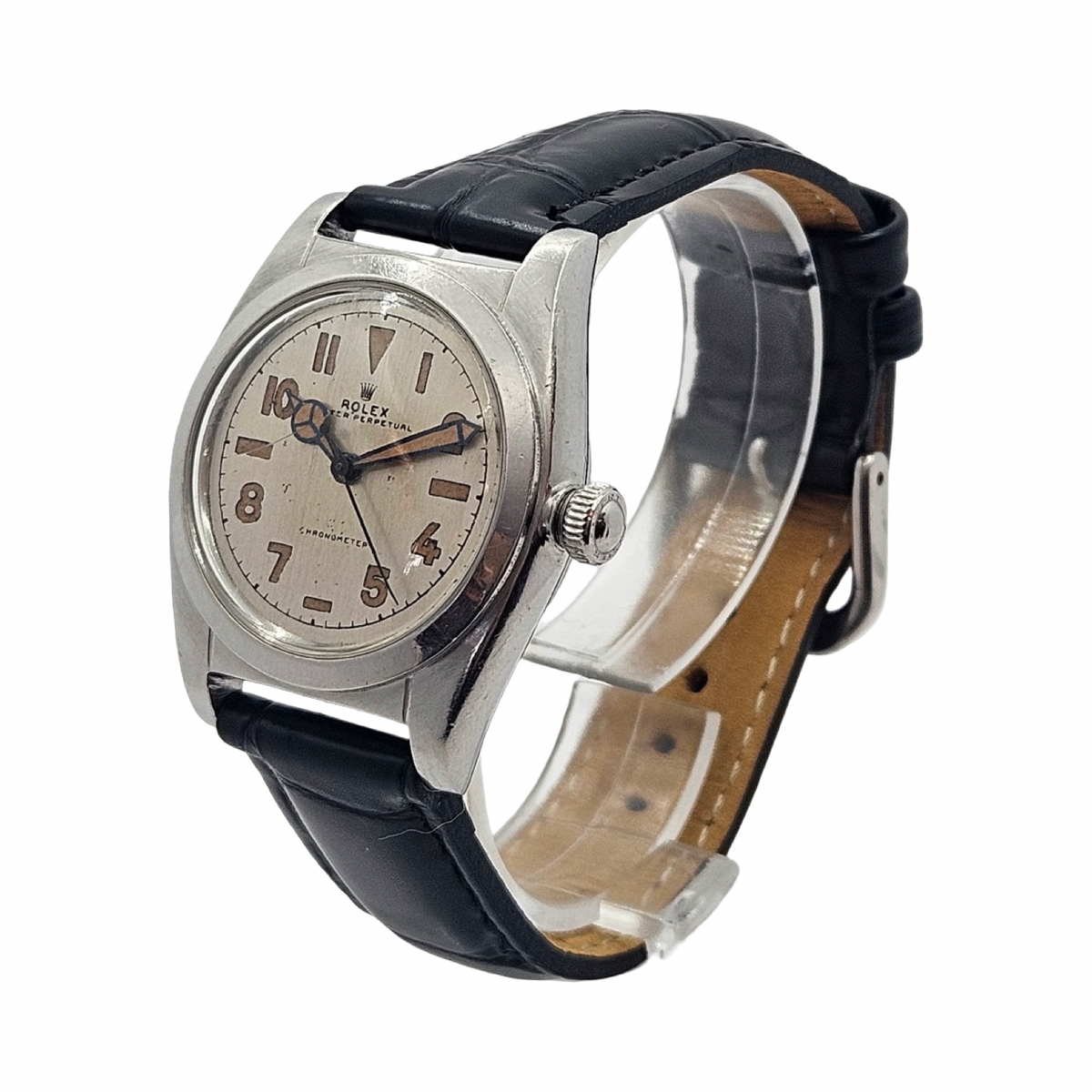 Rolex Oyster Perpetual Chronometer Bubbleback 32mm Silver Tropical Arabic Dial Black Leather Strap Ref.2940 C.1946