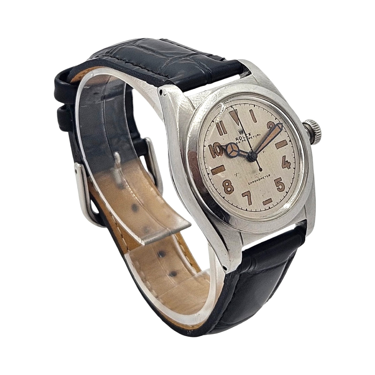 Rolex Oyster Perpetual Chronometer Bubbleback 32mm Silver Tropical Arabic Dial Black Leather Strap Ref.2940 C.1946