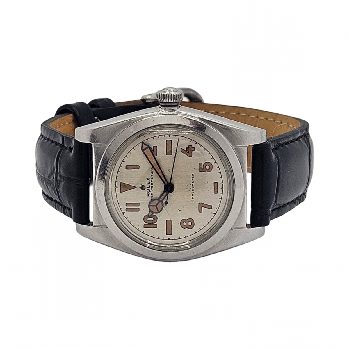 Rolex Oyster Perpetual Chronometer Bubbleback 32mm Silver Tropical Arabic Dial Black Leather Strap Ref.2940 C.1946