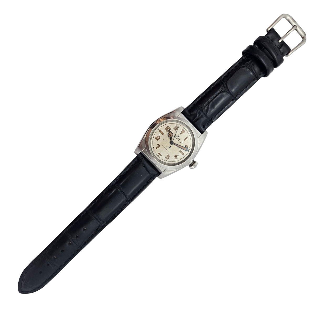 Rolex Oyster Perpetual Chronometer Bubbleback 32mm Silver Tropical Arabic Dial Black Leather Strap Ref.2940 C.1946