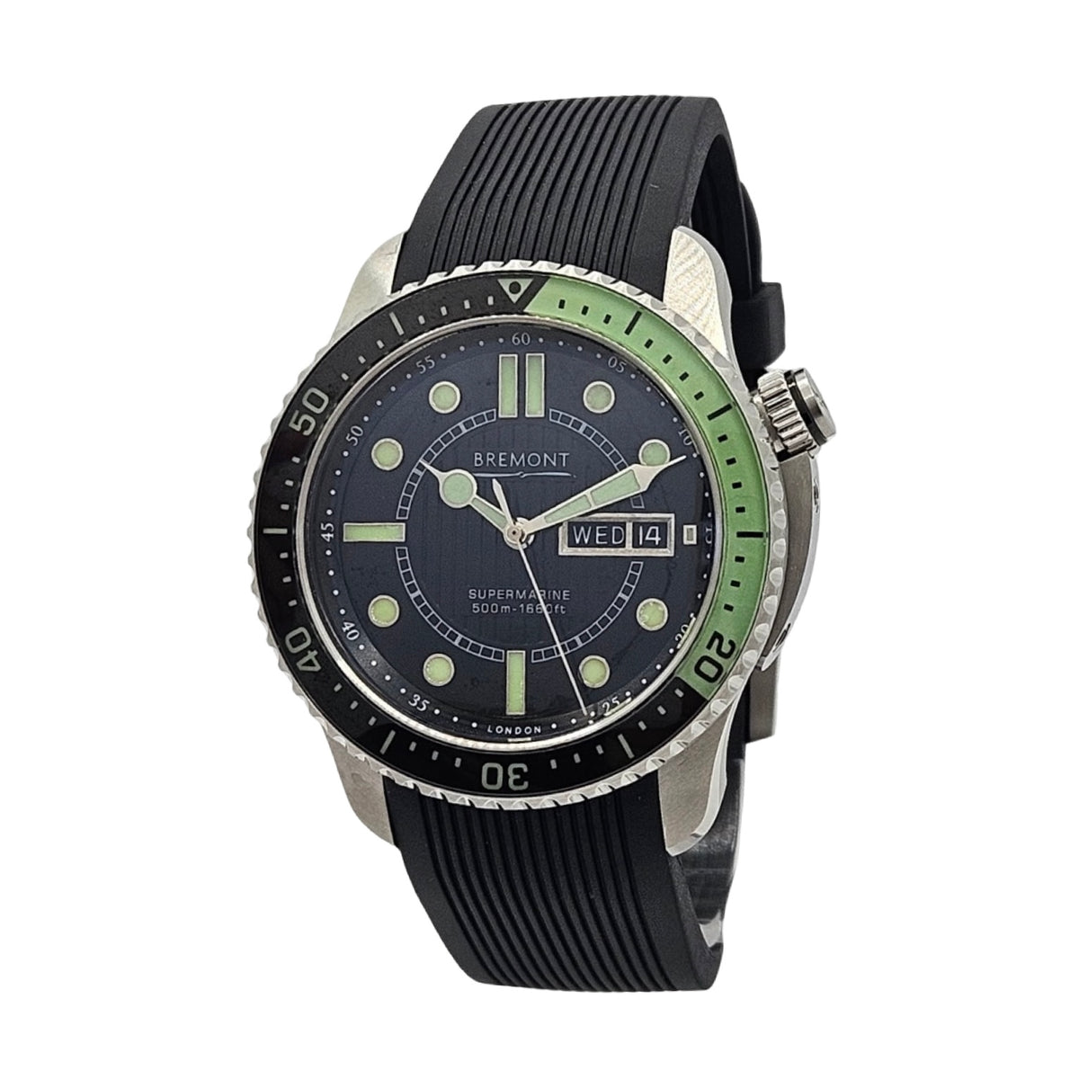 Bremont Supermarine 500 Automatic Chronometer Day Date 43mm Green/ Black Dial  Black Rubber Strap S500-BK-GN