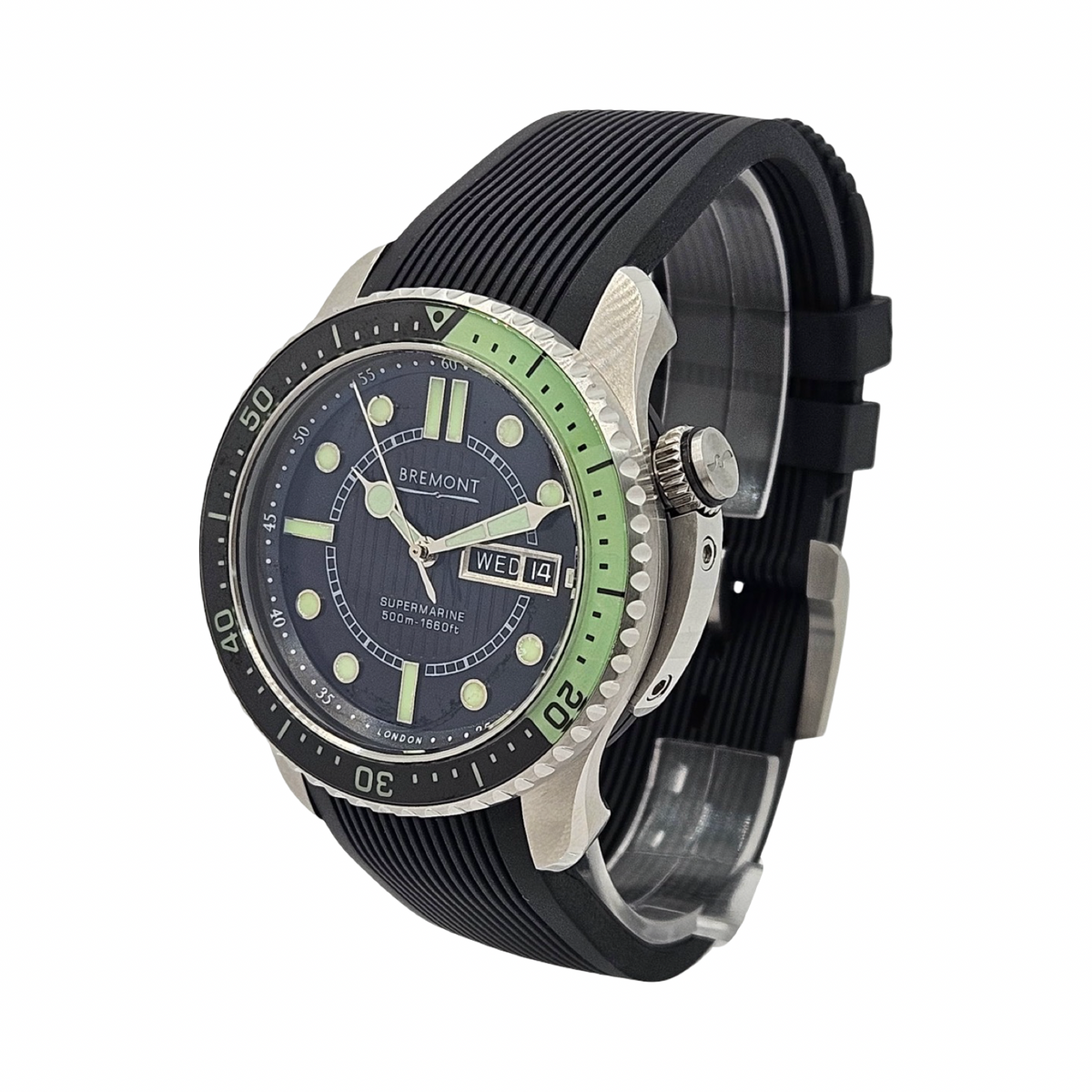 Bremont Supermarine 500 Automatic Chronometer Day Date 43mm Green/ Black Dial  Black Rubber Strap S500-BK-GN