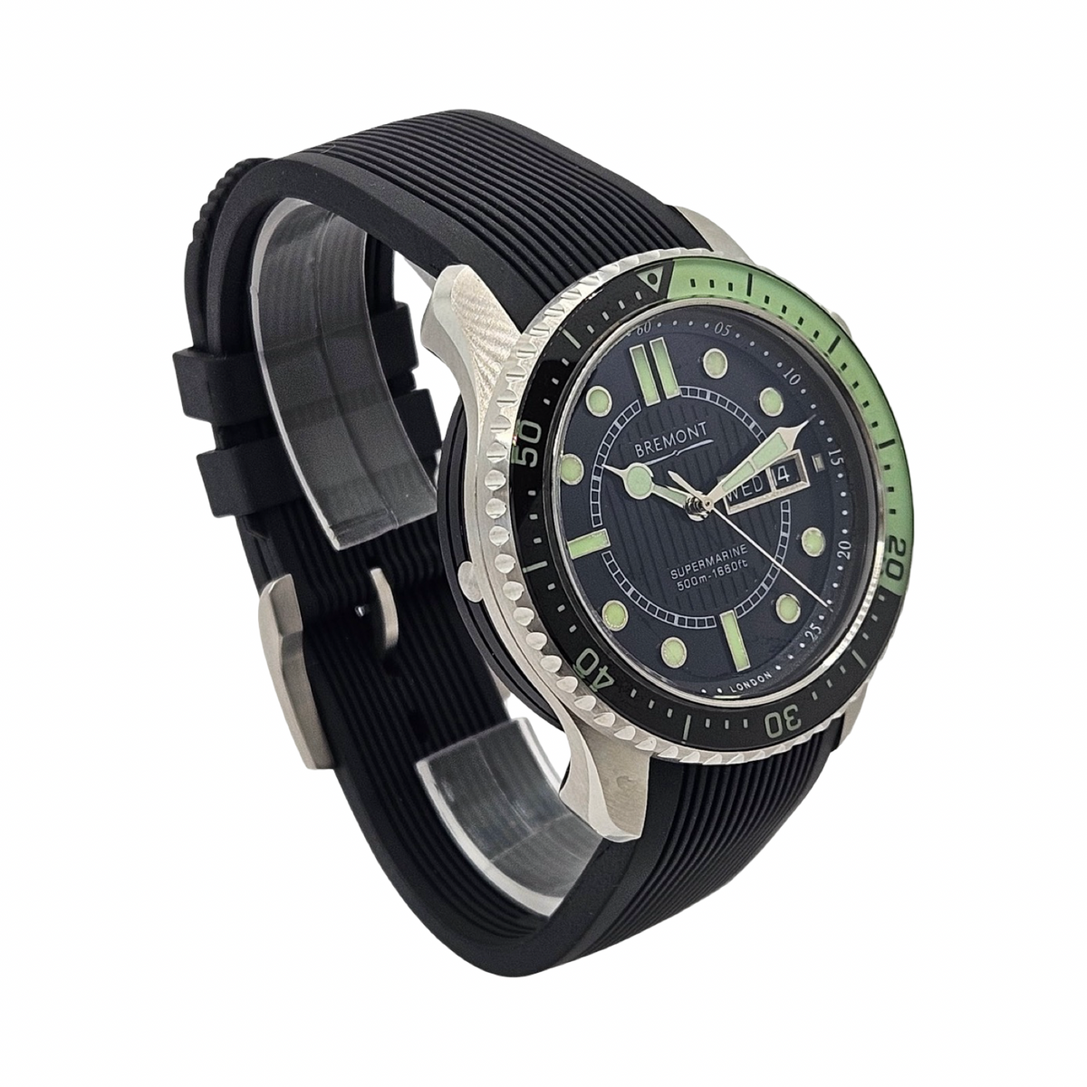 Bremont Supermarine 500 Automatic Chronometer Day Date 43mm Green/ Black Dial  Black Rubber Strap S500-BK-GN
