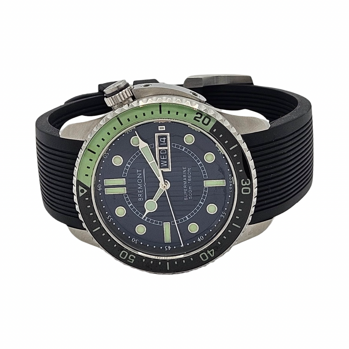 Bremont Supermarine 500 Automatic Chronometer Day Date 43mm Green/ Black Dial  Black Rubber Strap S500-BK-GN