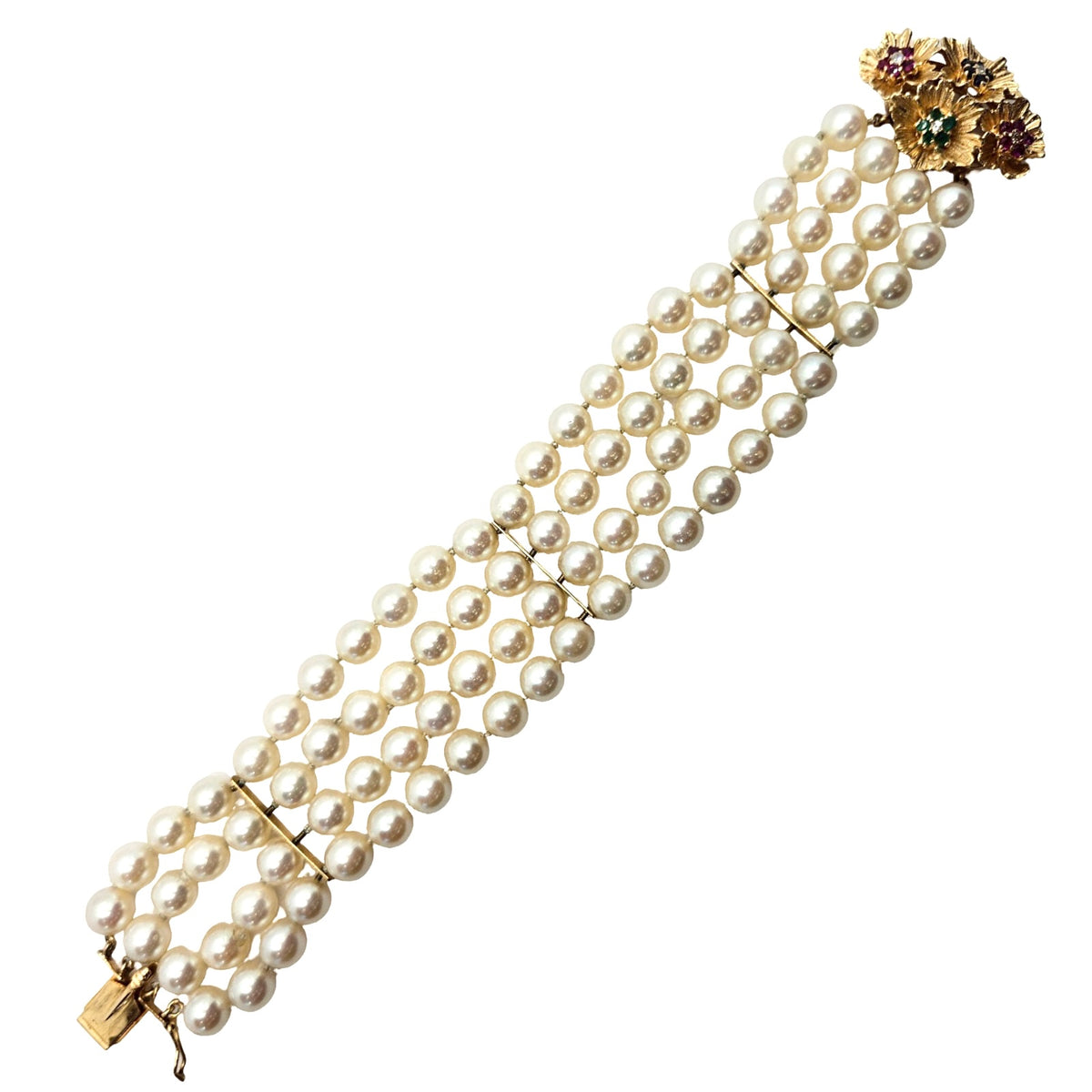Estate Jewelry 14K Yellow Gold 4-Strand Round Pearl Bracelet with Fancy Gemstone Clasp
