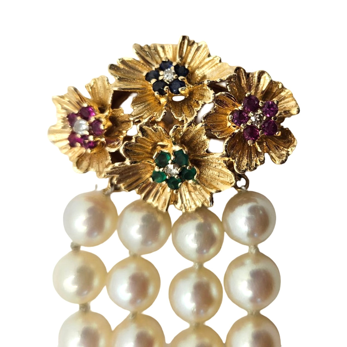 Estate Jewelry 14K Yellow Gold 4-Strand Round Pearl Bracelet with Fancy Gemstone Clasp