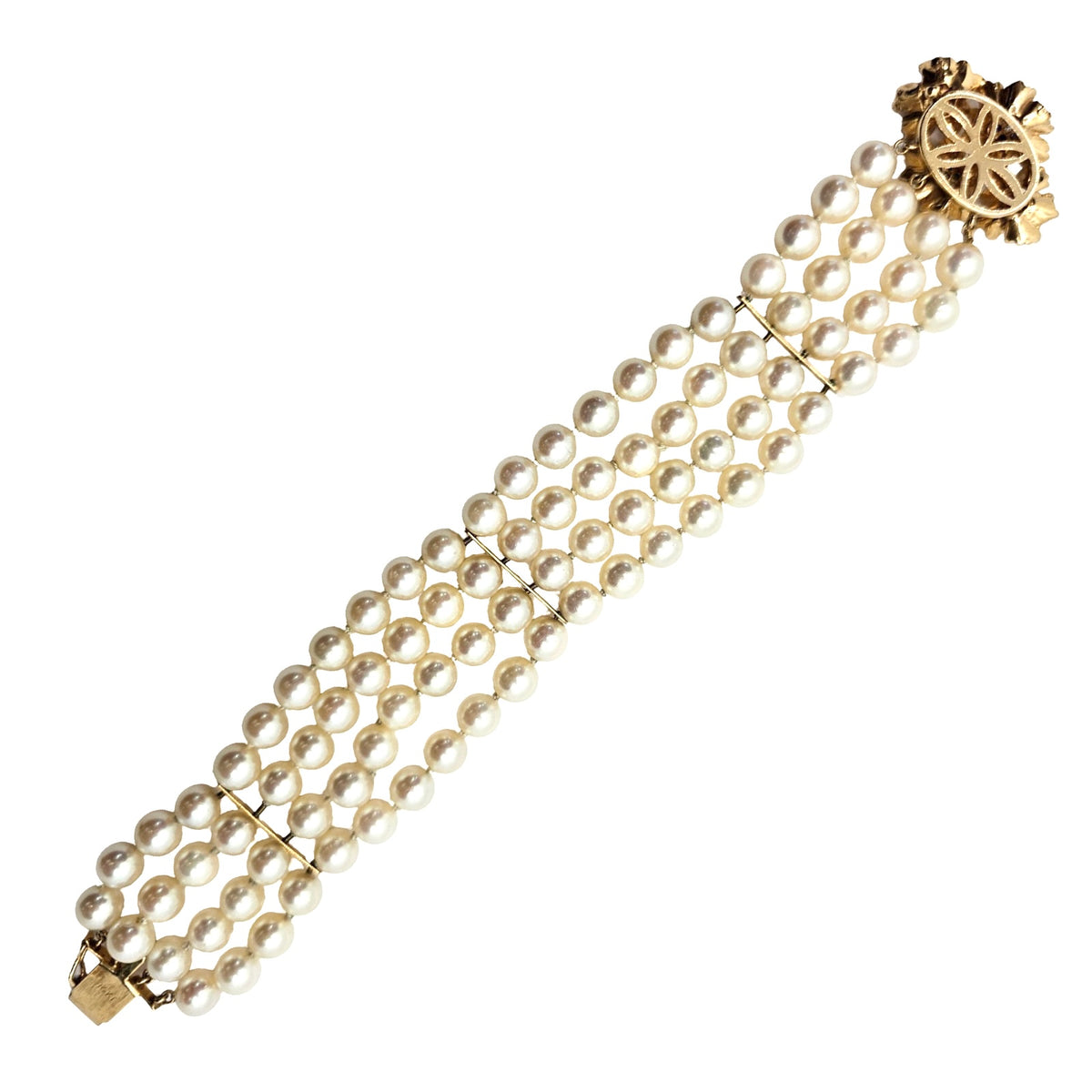 Estate Jewelry 14K Yellow Gold 4-Strand Round Pearl Bracelet with Fancy Gemstone Clasp