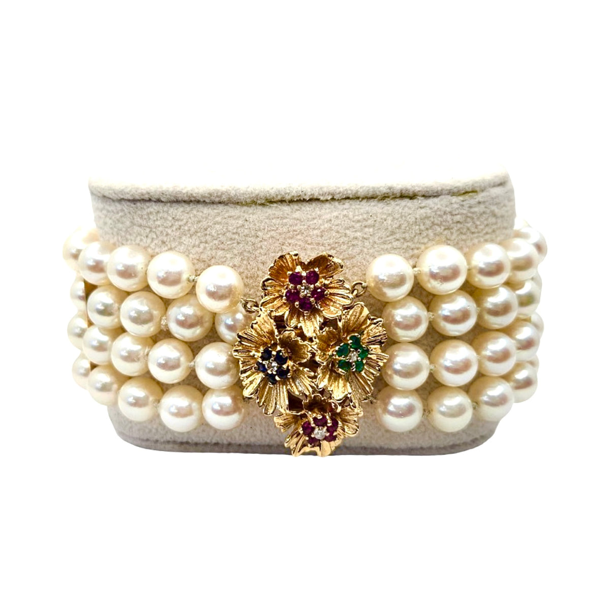 Estate Jewelry 14K Yellow Gold 4-Strand Round Pearl Bracelet with Fancy Gemstone Clasp