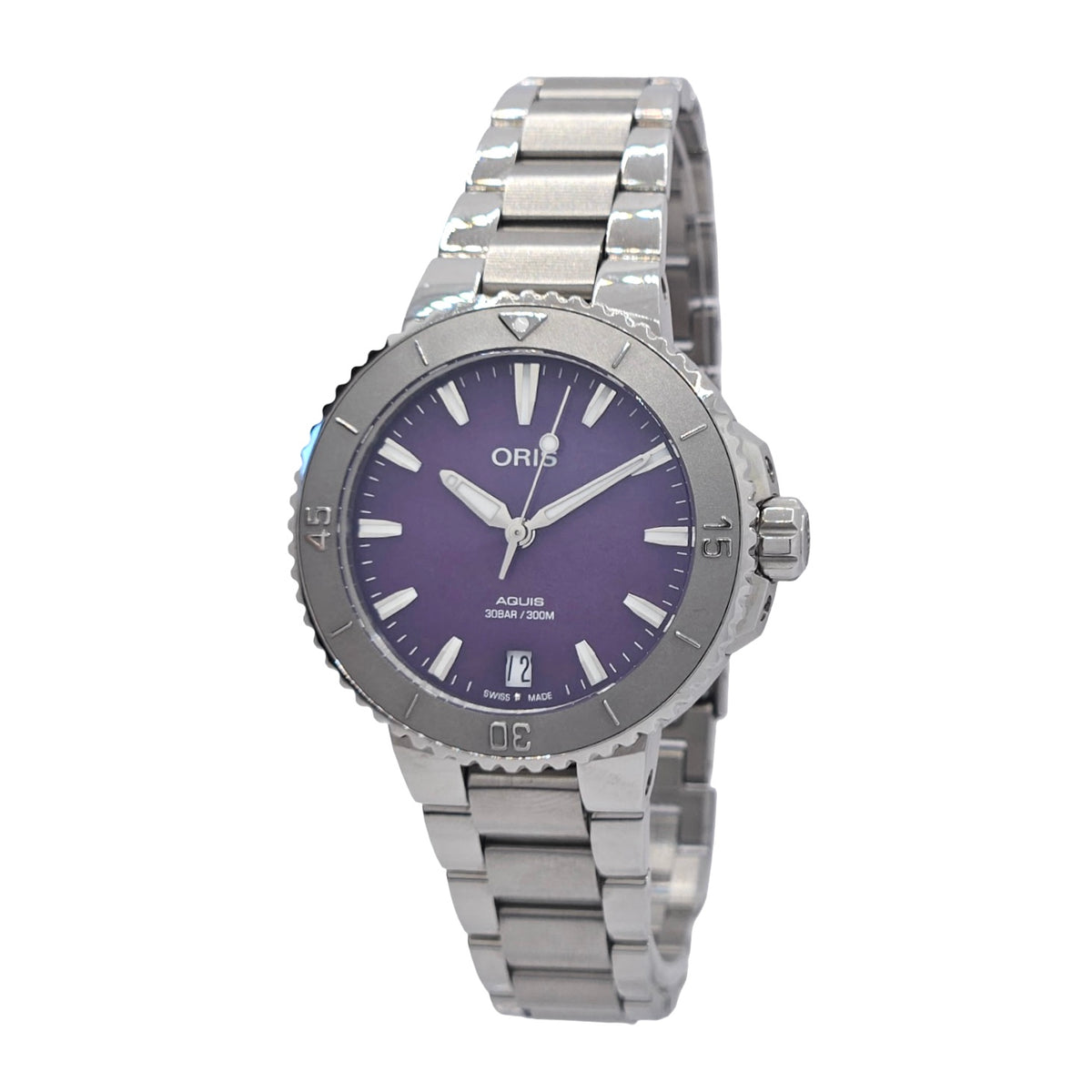 Oris X Ben Bridge Limited Edition Aquis 36.5mm Purple Dial Steel Bracelet Ref.01 733 7770 4118-Set