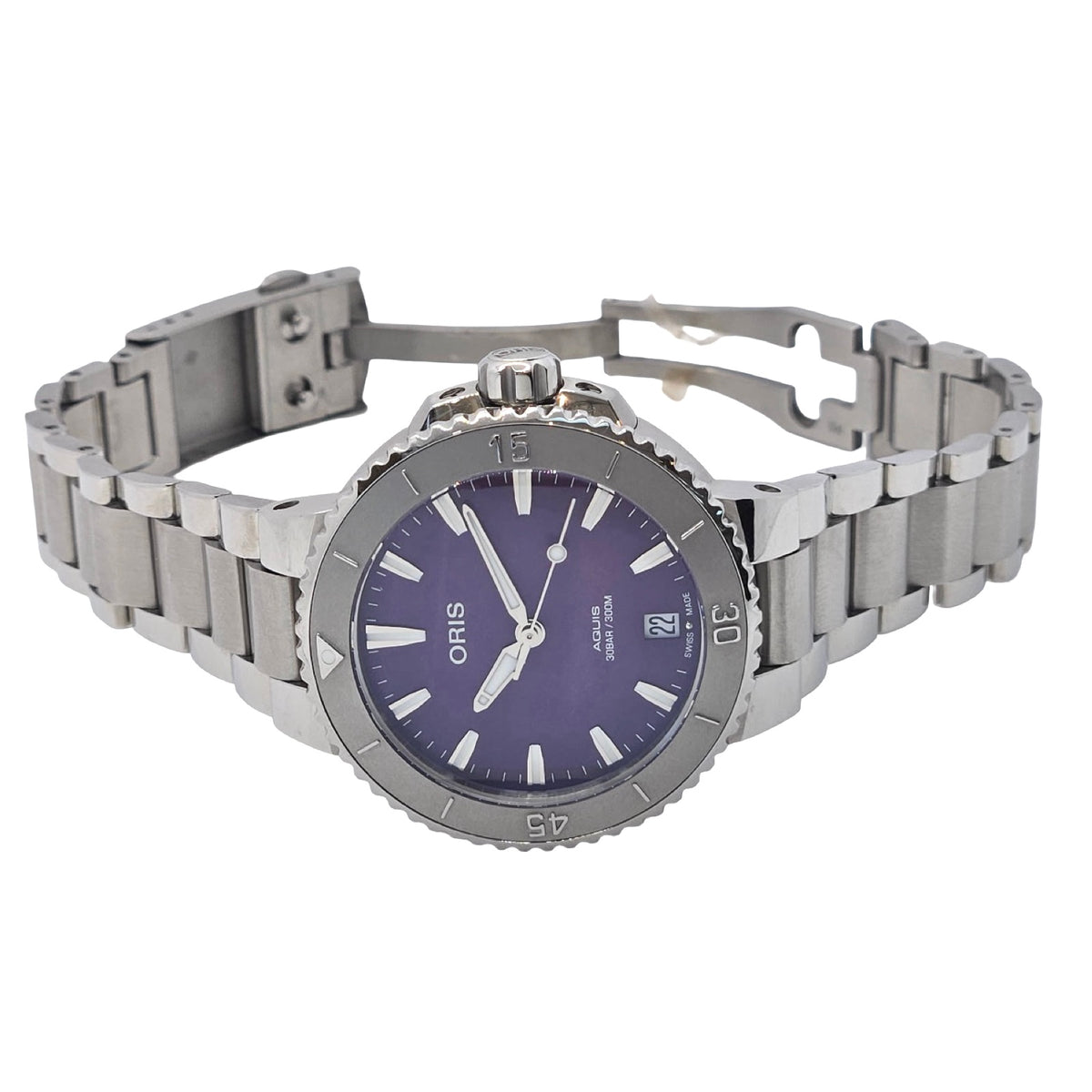 Oris X Ben Bridge Limited Edition Aquis 36.5mm Purple Dial Steel Bracelet Ref.01 733 7770 4118-Set