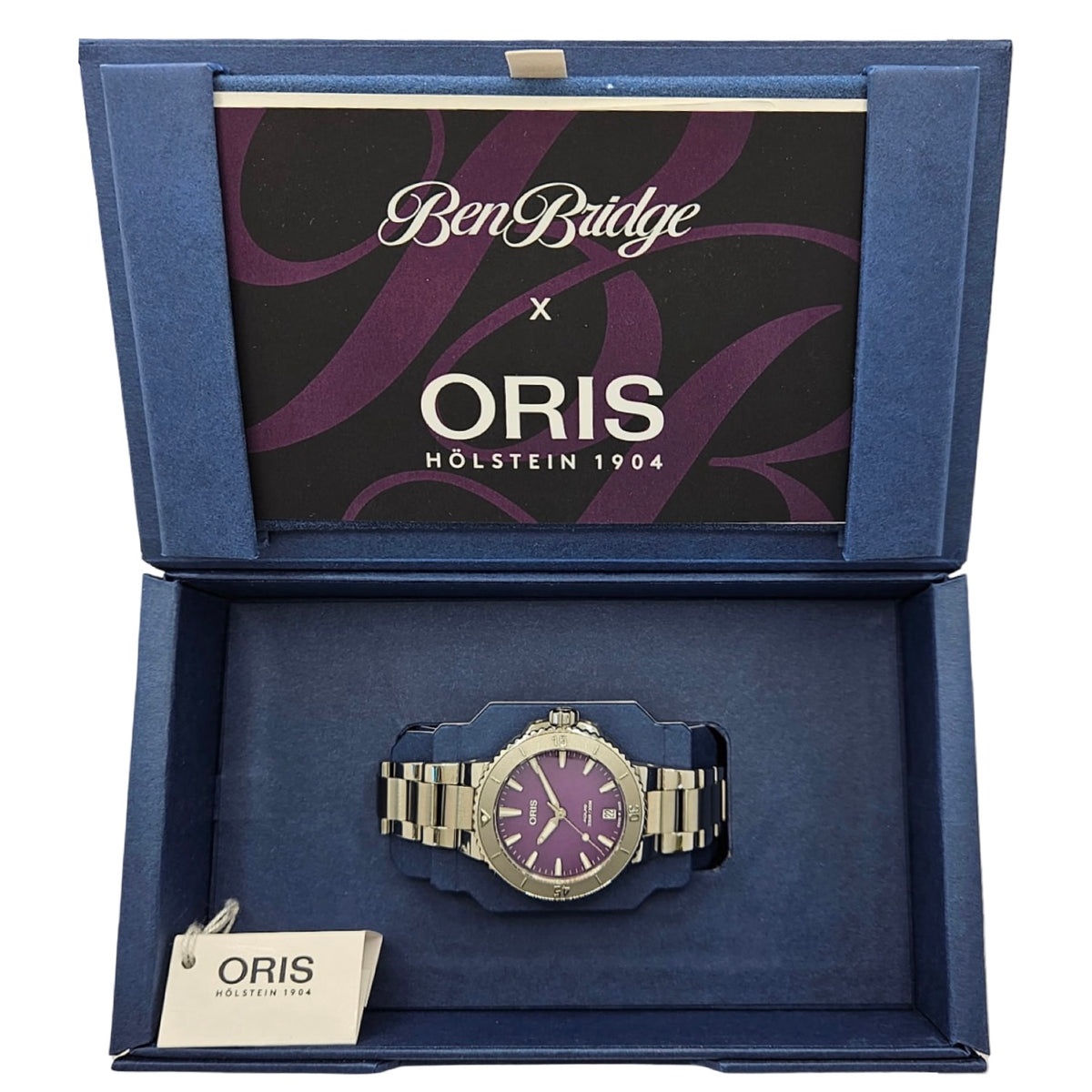 Oris X Ben Bridge Limited Edition Aquis 36.5mm Purple Dial Steel Bracelet Ref.01 733 7770 4118-Set