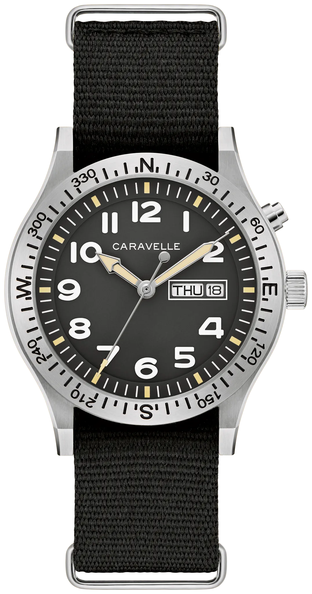 Caravelle Light Up Quartz 39mm Black Dial Nylon Strap 43C125