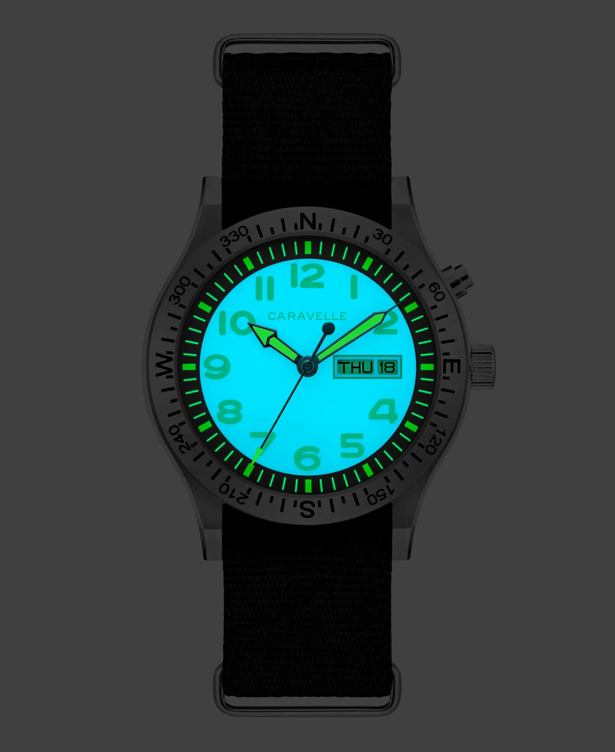 Caravelle Light Up Quartz 39mm Black Dial Nylon Strap 43C125