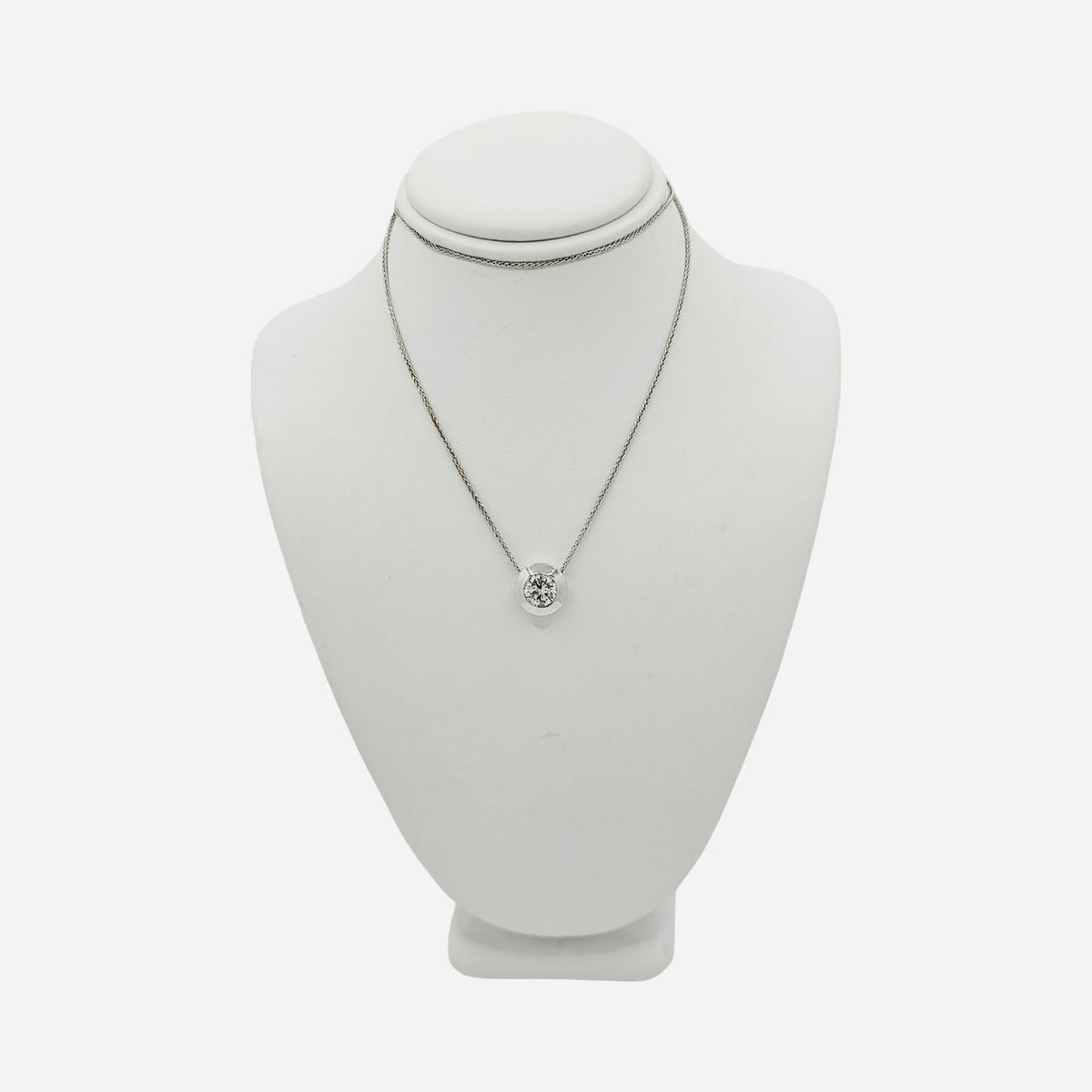 14K White Gold Solitaire Round Diamond 1.10 Carats G Color Bezel Set Pendant