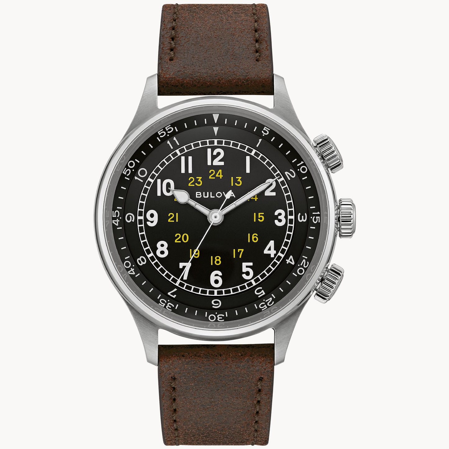 Bulova A-15 Pilot Watch Black Dial Brown Leather Strap 96A245